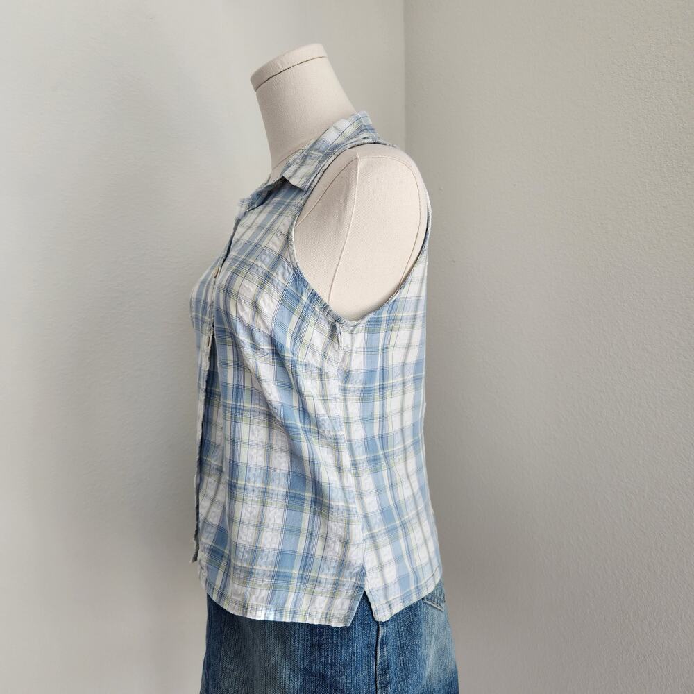 Vintage Y2K Faded Glory Blue White Plaid Sleeveless Button Down Top S Cottage - Picture 3 of 9